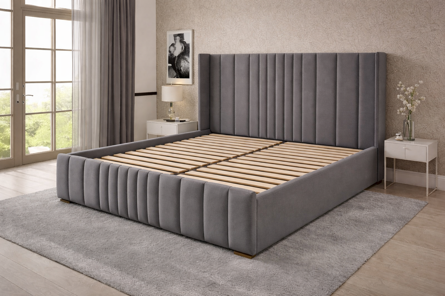 Fabric Frame Beds With Wooden Slats